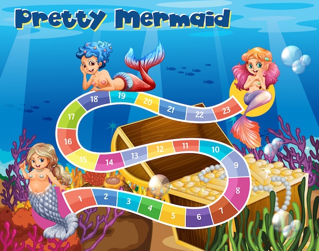 Boardgame template with mermaids underwater