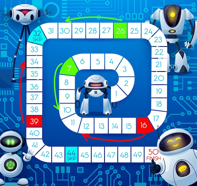 Boardgame with robots and motherboard, kids tabletop game