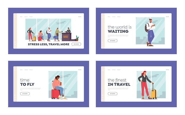 Boarding, air flight landing page template set