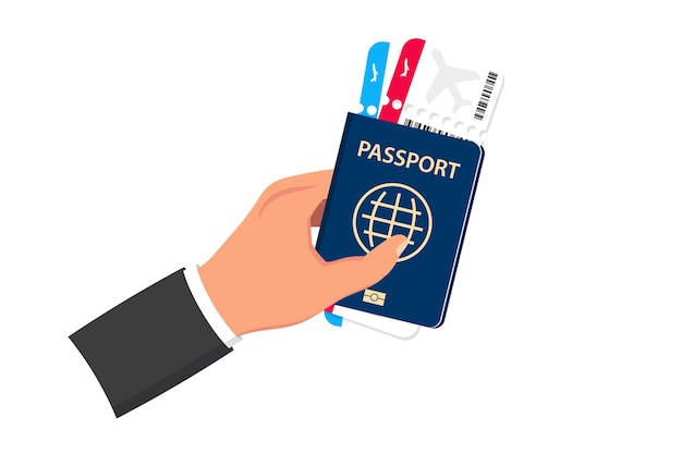 ベクトル 搭乗券フラットデザイン。飛行機のチケット付きのパスポート。航空輸送、国際観光の概念。航空券付きの旅行パスポート。観光と飛行機での旅行