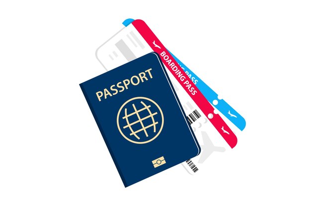 搭乗券フラットデザイン。飛行機のチケット付きのパスポート。航空輸送、国際観光の概念。航空券付きの旅行パスポート。観光と飛行機での旅行