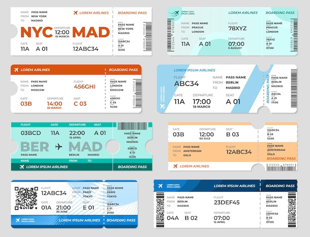 ベクトル 搭乗券のテンプレート。ボードチケット、飛行機旅行のフライトページテンプレート。飛行機の空白の招待状、トランスポートカード最近のベクトルセット