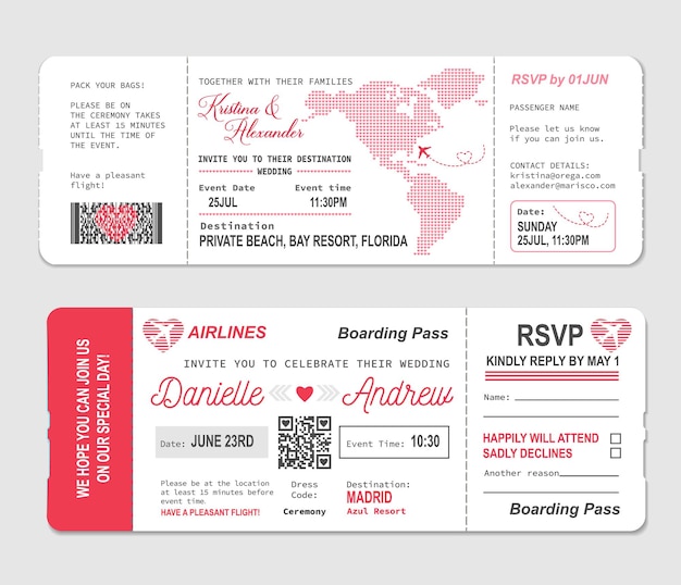 Vector boarding pass ticket, wedding invitation template to marriage rsvp, vector. wedding ceremony gift of romantic travel flight ticket or boarding pass to honeymoon paradise