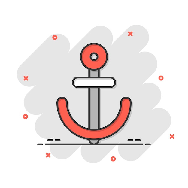 Иконка якоря лодки в комическом стиле Векторная иллюстрация судового крюка на белом изолированном фоне Корабельное оборудование с эффектом всплеска бизнес-концепция