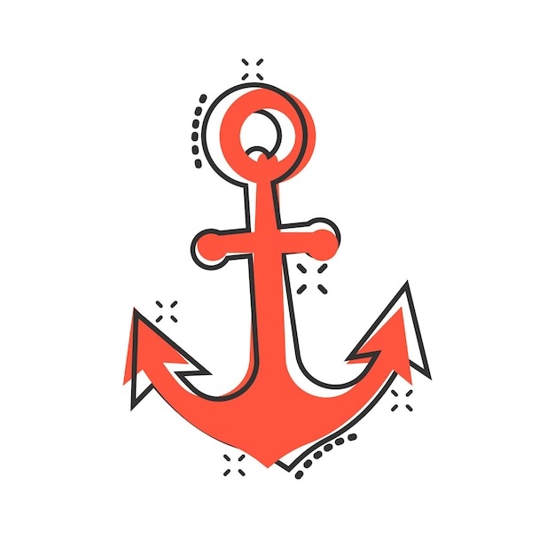 Boat anchor icon in comic style Vessel hook cartoon vector illustration on white isolated background Ship equipment splash effect business concept