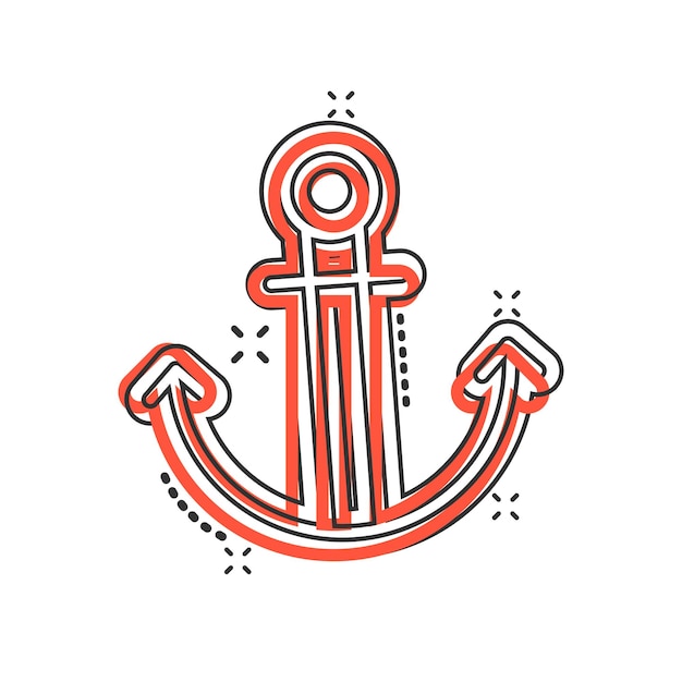 Иконка якоря лодки в комическом стиле Векторная иллюстрация судового крюка на белом изолированном фоне Корабельное оборудование с эффектом всплеска бизнес-концепция