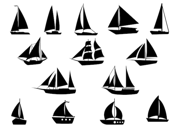 Набор силуэтов лодок и кораблей, нарисованных вручную векторной иллюстрацией морских парусов