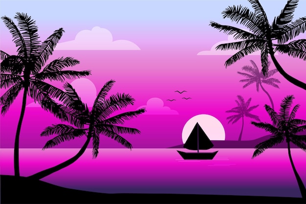 Boat and birds palm silhouette background