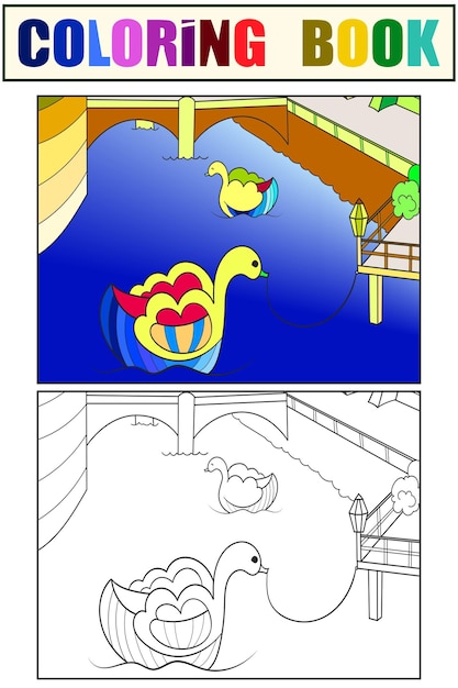 Boat for children in the shape of swan Set coloring book Vector illustration