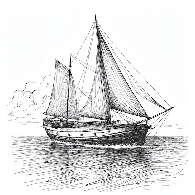 Vector boat ink sketch drawing black and white engraving style vector illustration