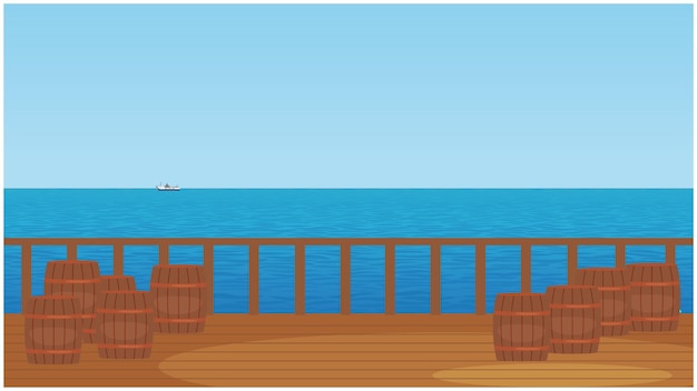 Vector boat interiors on a river with boat railing and drums for cartoon animation background.