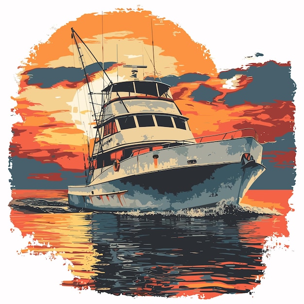 ボートが赤い太陽を背景に海で航海している