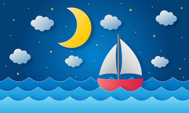 La barca sta navigando nel mare. luna, stelle e nuvole a mezzanotte. arte della carta