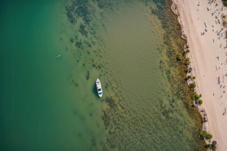 Vector a boat is on the water with a green water and a sandy beach
