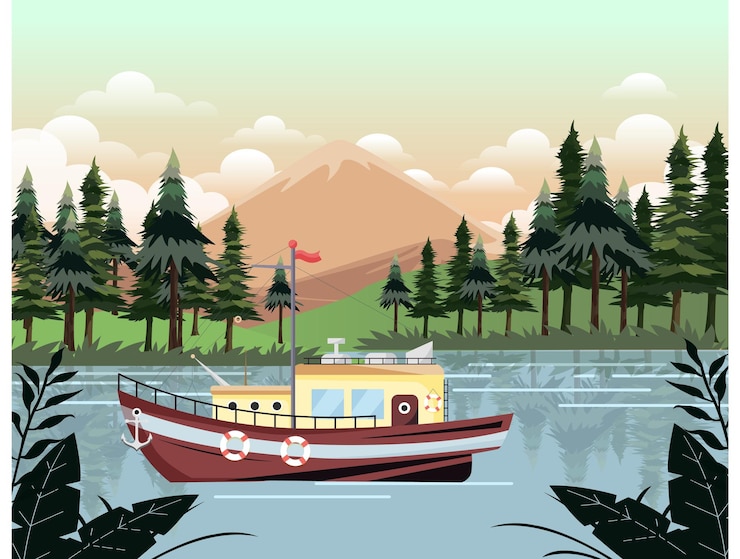 Vector boat on the lake with trees and mountains