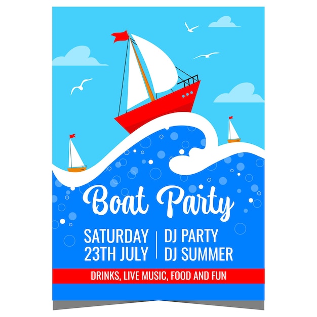 Vector boat party poster for summer vacation or holiday with red pleasure yacht sailing on the sea waves