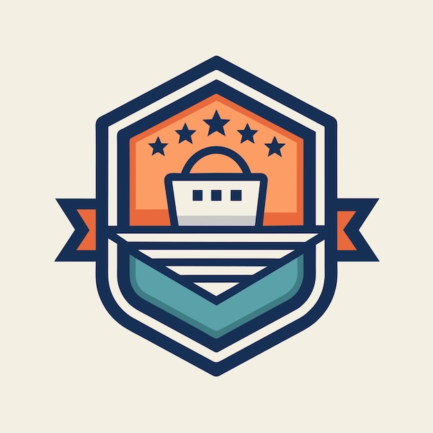 Vector a boat positioned in the center of a shield adorned with stars a minimalistic emblem for an online retailer minimalist simple modern vector logo design