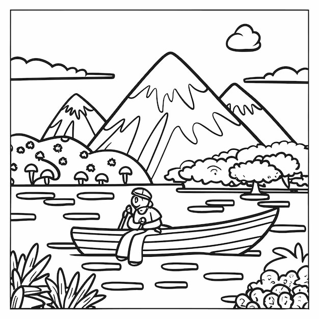 Boat in River Coloring Page Vector