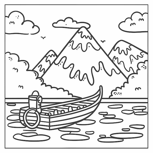 Boat in River Coloring Page Vector