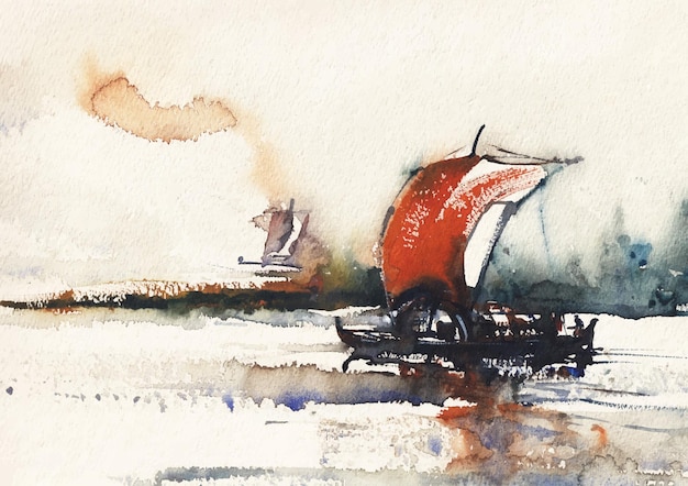 Boat and river watercolor painting