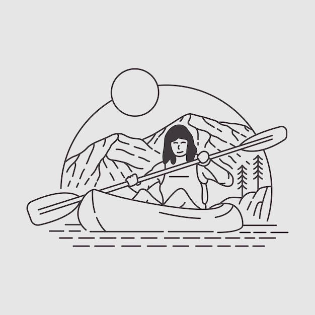 Приключение по гребле на лодке с фоном в горах monoline design для apparell
