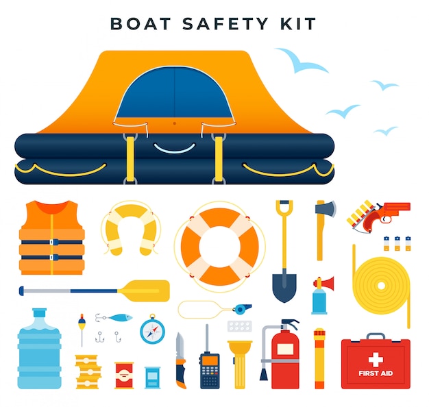 Vector boat safety kit, set of icons. water rescue. survival after a ship wreck. equipment and tools for saving life.