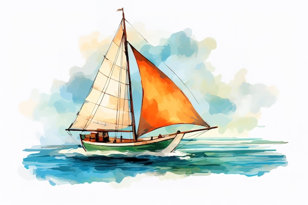 Vector boat sailing on a calm ocean with a blue sky and white clouds