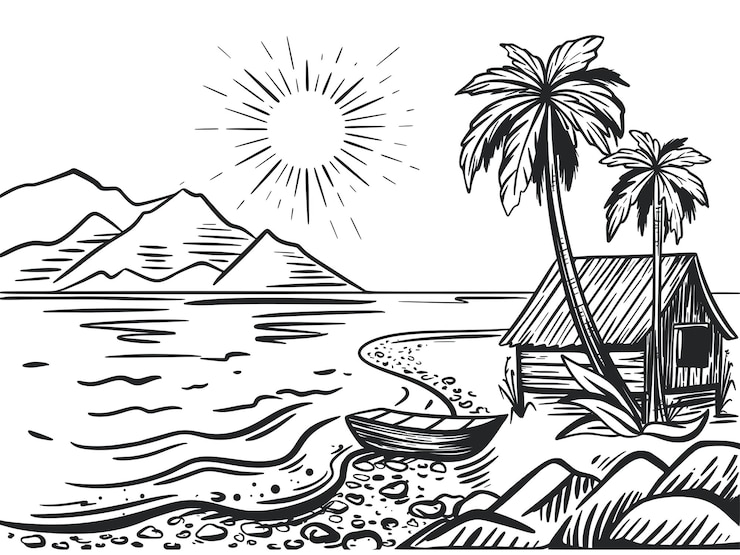 Vector boat on sea coast sketch ocean shore with palm trees and hut beach holiday in nature sunny day