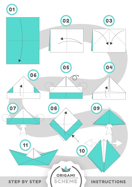 Vettore modello in movimento del tutorial dello schema di origami della nave della barca. eps vettoriali 10