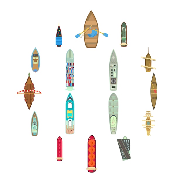 Вид сверху лодки над набором иконок, мультяшном стиле