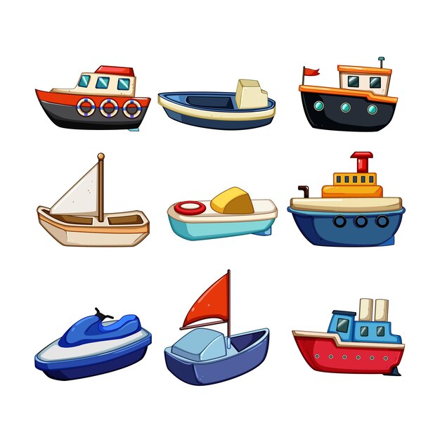 Vector boat toy set cartoon sail sail travel kid vessel transportation boat toy sign isolated symbol vector illustration