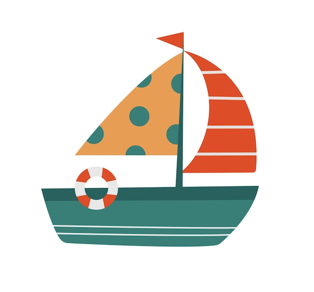 A boat with a orange sail and a lifesaver on the top.