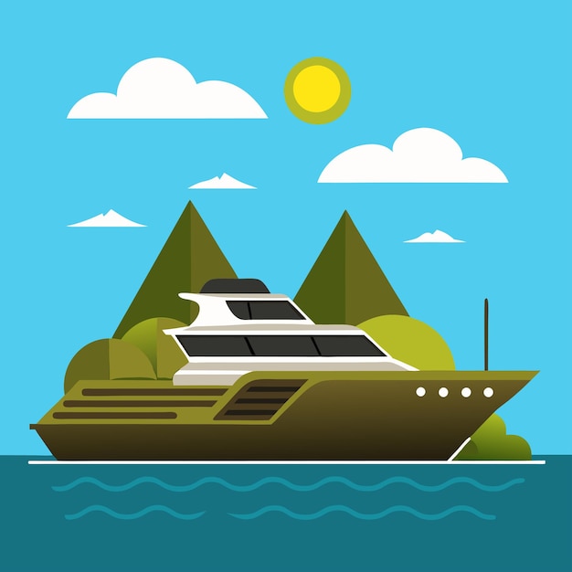 a boat with a sun on the top of it and mountains in the background