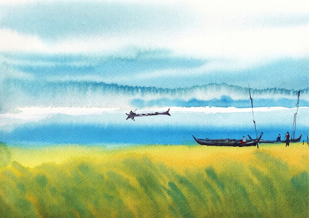 Boats and river watercolor landscape