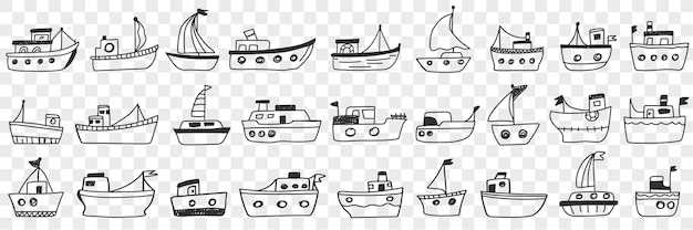 Vector boats ships assortment doodle set