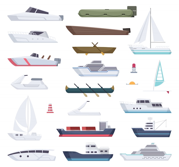 ボート。水海または海洋船の大小の船とセーラーボート漫画輸送