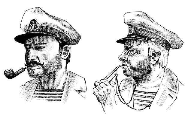 Боцман с морским капитаном трубы, старый моряк или свисток синей куртки и моряк с бородой
