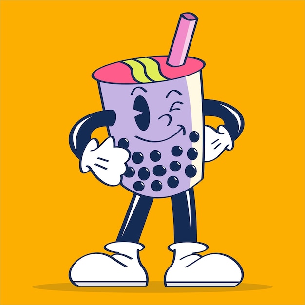 Boba milk tea cartoon character akimbo pose vector hand drawing