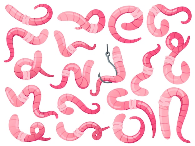 Bodemwormen regenwormen in verschillende poses kruipen en worm aan de haak tuininsect vector set