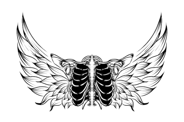 Body bone tattoo with wings on white background