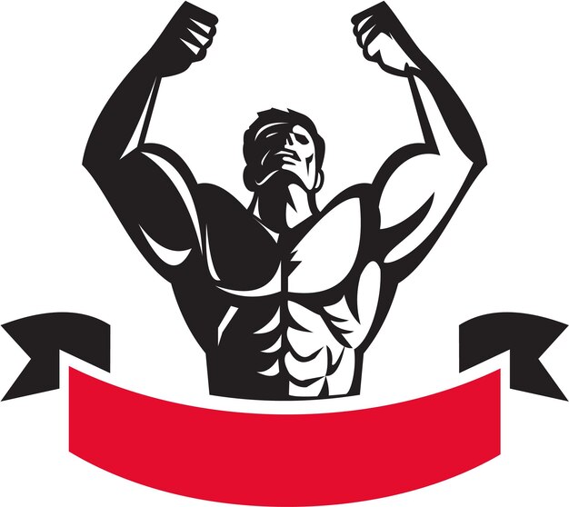 Vector body builder flexing muscles banner retro