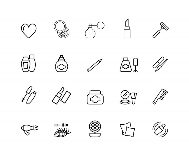 Vector body care icons. set of twenty line icons. lipstick, powder, pillow.