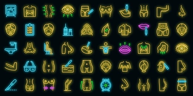 Body correction icons set. Outline set of body correction vector icons neon color on black