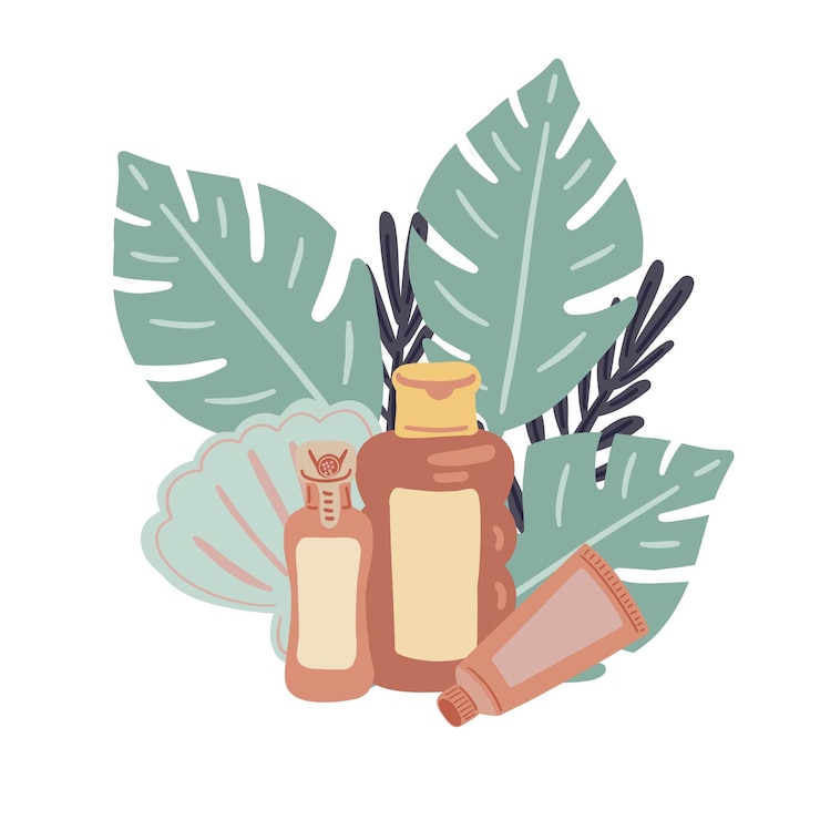 Vector body cream spray set with leaves skin care flat design