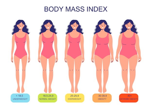 低体重から極度の肥満までのボディマス指数さまざまな程度の女性のシルエット