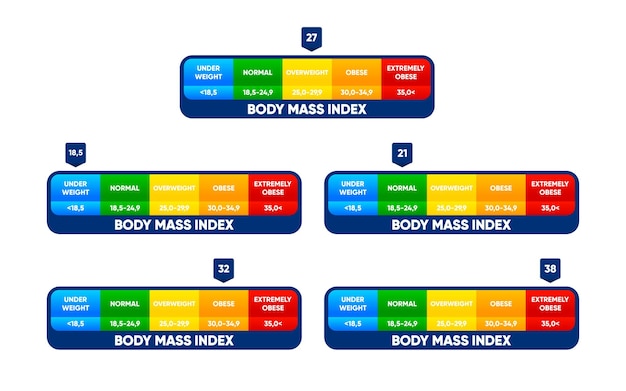 Vettore indice di massa corporea concetto di perdita di peso scala bmi con diversi indicatori prima e dopo la dieta