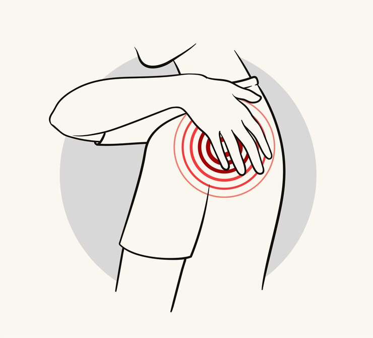 Vector body pain anatomy concept man hold shoulder with hand medical infographic sticker for social networks and messengers linear flat vector illustration isolated on white background