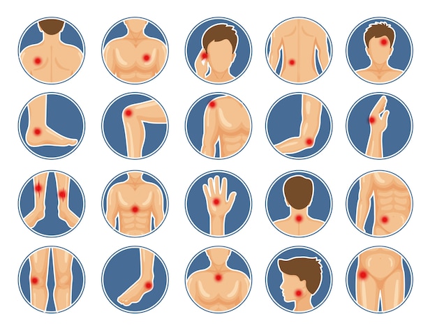 Значок боли в теле. человеческая анатомия части плеч и ног имели физические травмы красные точки боли изображения. набор точек боли, травмы сустава, спины и мышц иллюстрации