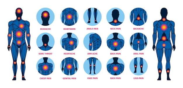 벡터 신체 통증 포인트 인간의 통증 실루엣 만성 질환 및 부상 치료 두통 치아