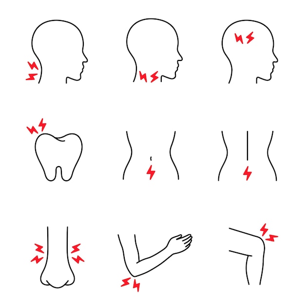 Vector body pain thin line icon set pain and injury on human body parts health problem migraine back